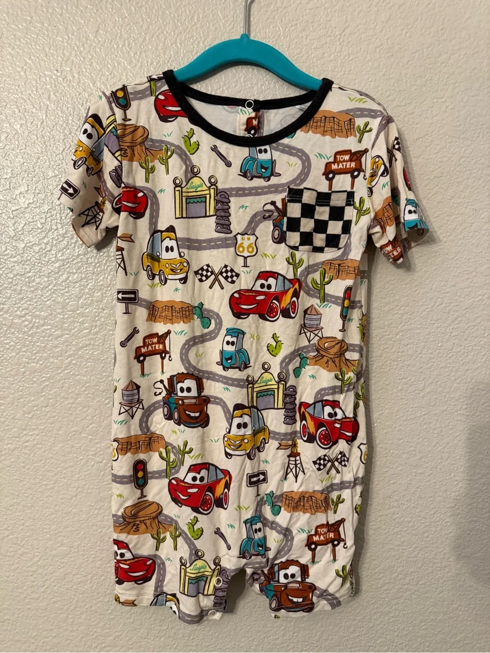 Little Sleepies White Romper with Red, Yellow, Blue and Brown Cars Print